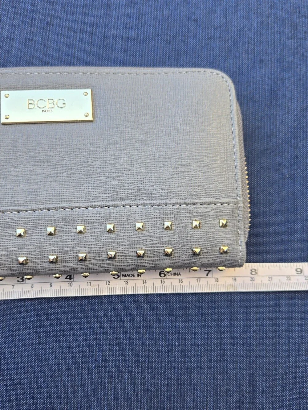 Bcbg Paris Gray Leather Zip Around Studded Wallet